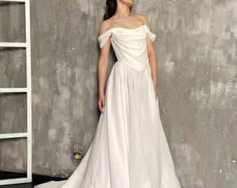 Unique Renaissance Chiffon Wedding Dress, Wedding set, Fairy Ball Gown with Drape Corset, Drop Waist Basque Dress with train, Bridal Corset