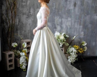 A-line Long Sleeves Lace & Satin Wedding Corset Dress with Train and Chantilly lace, Renaissance Dress, Custom Wedding Dress