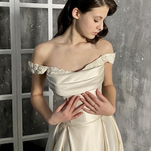 Renaissance Satin and Lace Wedding Dress with Unique Corset Bodice, High Slit and Train, Modern Fairy Wedding Dress