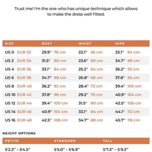 May include: A size chart with bust, waist, and hip measurements in inches and centimeters. The chart includes sizes US 0 to US 16, with corresponding European sizes. Height options are also listed, including Petite, Standard, and Tall, with measurements in feet/inches and centimeters.