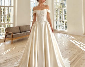 Unique IVORY Renaissance Basque Satin Corset Wedding Dress, Fairy Gown with Lace Corset Details