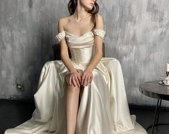 Renaissance Satin and Lace Wedding Dress with Unique Corset Bodice, High Slit and Train, Unique Fairy Wedding Dress