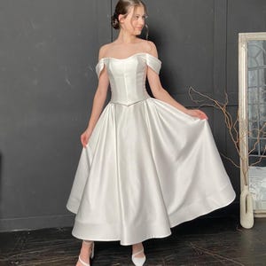 Midi satin corset wedding dress with V-line low basque waist, elopement tea length wedding dress, renaissance reception dress, simple dress