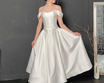 Midi satin corset wedding dress with V-line low basque waist, elopement tea length wedding dress, renaissance reception dress, simple dress