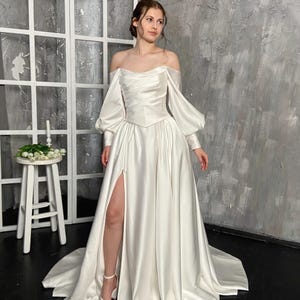 Renaissance Satin Corset Wedding Dress with Long sleeves, High Slit and Train, Victorian Fairy Wedding Dress, Low Waist Basque Corset Dress