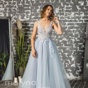 Unique Floral Blue Wedding Dress with 3D lace is perfectly for Proms and Weddings. Fairy Beach Wedding Dress, Simple Casual Wedding Dress