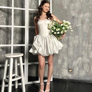 Set wedding corset and bubble short skirt with Basque Drop Waist Corset, Separate bridal set, Short wedding dress, elopement dress