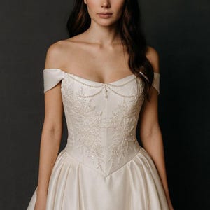 Renaissance Basque Waist Corset Wedding Dress with Lace and Pearls