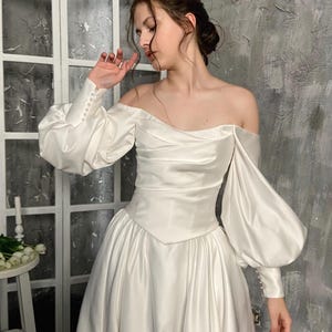Renaissance Satin Corset Wedding Dress with Long sleeves and Waist Basque Corset Dress, Victorian Fairy Wedding Dress