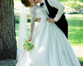 A line Corset Long Sleeves Lace & Satin Wedding Dress with Train and Chantilly lace, Unique Bridal Gown, Custom Wedding Dress