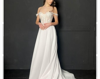Floral Boho Bridal Gown: Lace Beach Wedding Dress, Simple casual dress, Civil Modest dress