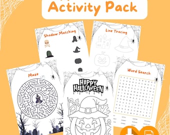 Peut inclure: Un pack d'activités d'Halloween imprimable avec cinq activités différentes : un labyrinthe, une recherche de mots, un jeu d'association d'ombres, un tracé de lignes et une page à colorier représentant une citrouille avec un chapeau de sorcière. Le texte "Happy Halloween" est écrit en lettres qui coulent au-dessus de la citrouille.