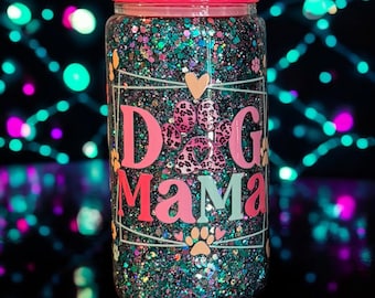 16 oz glass Dog mama snow globe tumbler