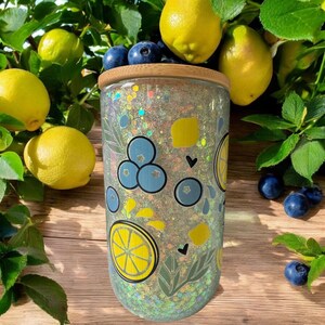 16 Oz glass Lemon & Blueberry Snow Globe Tumbler