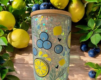 16 Oz glass Lemon & Blueberry Snow Globe Tumbler