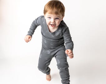 Stars and Rockets Charcoal Gray Two-Piece Pajama Set