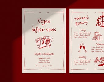 May include: Two cream-colored cards with red text and illustrations. The left card says "Vegas before vows" and includes playing card illustrations. The right card is a weekend itinerary with a disco ball illustration.