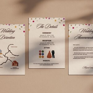 Wildblumen Script Hochzeit Details Vorlage | Bearbeitbare zierliche Details, Hochzeitsanpassung, Hochzeitsrichtung, DIY Digital Canva Set WT5