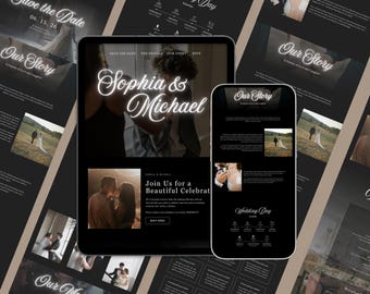 Op de afbeelding: Een mock-up van een trouwwebsite met een zwarte achtergrond en witte tekst. De website toont een foto van een stel, de tekst "Sophia & Michael" en de tekst "Sluit je aan bij ons voor een prachtige viering".