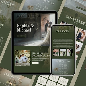 Puede incluir: Un sitio web de boda con un fondo verde e imágenes de la pareja. El sitio web incluye secciones para "Nuestra historia", "Día de la boda", "Nuestros recuerdos" y "Código de vestimenta".