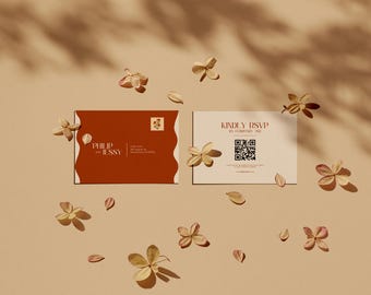 May include: Two cards with a brown and cream background. The top card has a red background with the text "Philip Jessy" in white. The bottom card has the text "Kindly RSVP by February 20" in black. A QR code is in the center of the card.