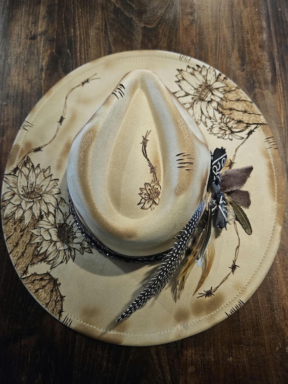 Custom Burned/ Painted Catus Fedora Burned Fedora Hat: Beige Flat Brim. Freehand Cactus Design  main image 4