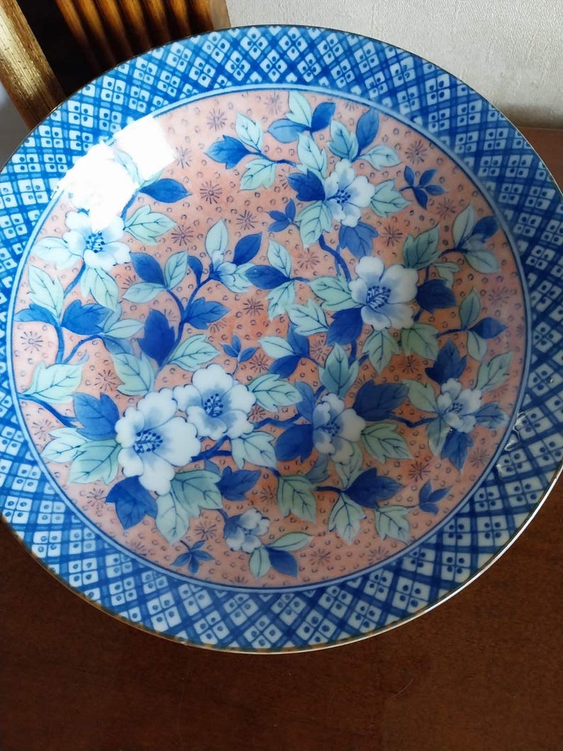 1930s Chinoiserie Imari Bowls Set: Hand-Painted Peony Floral Kitchenware, Pink and Blue Kitchenalia, Antique Chinese Porcelain, Pasta Bowls image 2