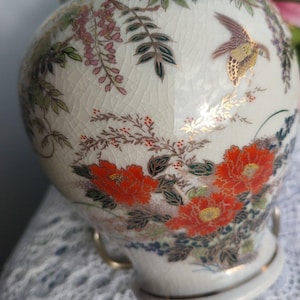 Vintage Japanese Satsuma Porcelain Vase Gold Gilt   Crackle Glaze Vase with Floral Design,  Hand Painted,  c 1960s