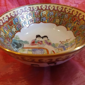 Jingdezhen Mun Shou Bowl, Famille Jaune Longevity Bowl, Hand-Painted Geisha Floral Bowl, Chinoiserie Porcelain Bowl, Oriental Pottery