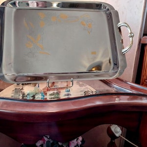 Vintage INOX Serving Tray 19" - 24kt Gold Décor –Mid Century  Italian  handled Inox Tray with Gold 24k Floral Design, Golden Roses Inox Tray