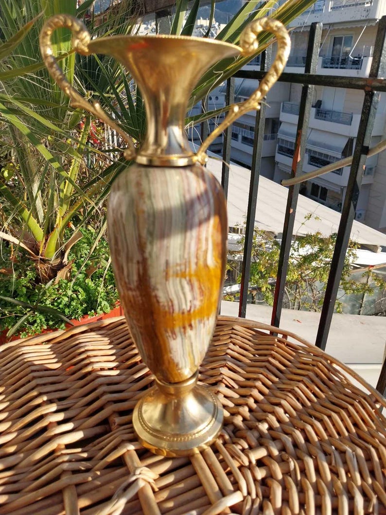 Vintage Green Big Onyx Marble Vase 10.5", 1.6 kg – Italian Mid Century Amphora Jar image 14