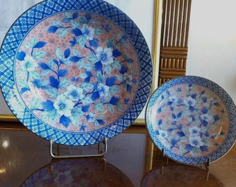 1930s Chinoiserie Imari Bowls Set: Hand-Painted Peony Floral Kitchenware, Pink and Blue Kitchenalia, Antique Chinese Porcelain, Pasta Bowls