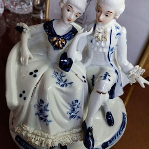 Blue and White Victorian Couple Porcelain Figurine, Victorian Era Figurine,Bisque Rococo Style Figurine, Vintage Baroque Rococo Style Statue