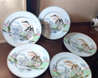 Vintage Kutani Porcelain Dessert Plates Meiji Period – Hand-Painted Mount Fuji, Set of 5, Japanese Side Plates, Japanese Tableware