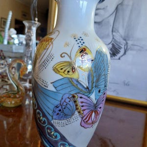 Butterflies Pattern Vase Hand Painted | Vintage Chinese Vase, Art Interior Decor Gift | Collectable Gold Trim Vase| Asian Butterflies Vase