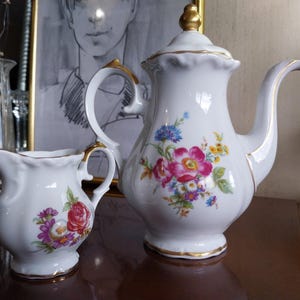 Set of Heinrich Tea Coffee Pot and Milk Jug| H&C Selb Bavaria Germany Porcelain Set, Old, Gold Gilt Floral Pattern Teapot Milk Jug, c 1920's