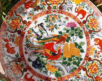 Hand-Painted Imari Porcelain Plate: Japanese Pheasant Floral Dish 9.5" Hand-Painted Heavy, Large Japanese Plate, Floral Dish, Asian Pottery