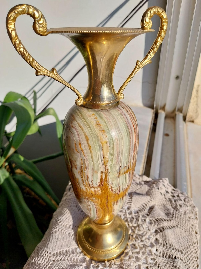 Vintage Green Big Onyx Marble Vase 10.5", 1.6 kg – Italian Mid Century Amphora Jar image 9