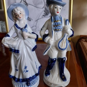Set of Victorian Era Blue-White Porcelain Figurines/Couple of Victorian Figurines/Rococo Style Figurine/Vintage Baroque Style Figurine