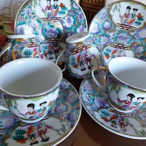 VintageTea-Coffee Set/Chinese Porcelain Tea-Coffee Set Gold Gilt, Geisha Design Tea Set/Traditional Tea-Coffee-ware set, Hand-painted 1950s