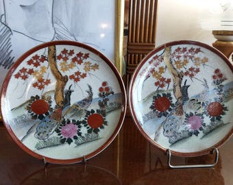 Vintage Japanese Satsuma Plates Set, Hand-Painted Peacock Floral Design, Antique Japanese Porcelain Satsuma Plates Antique, Asian Wall Décor