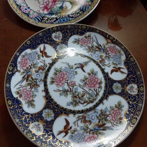 Set of 2 Porcelain Famille Rose Plates Gold Rim| Japanese Plates with Birds and Peonies | Floral Bird Plates| Blue and Pink Bird Plate 1960s