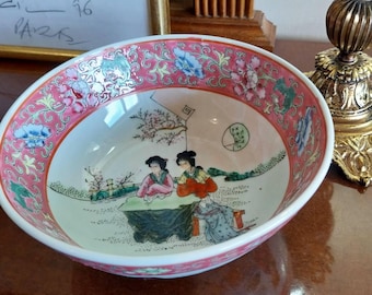 Vintage Rose Medallion Bowl, Hand Painted, Shou Porcelain, 7", Imari Porcelain Bowl, Ceramic Orient Antiques, Chinese Pink Porcelain Bowl