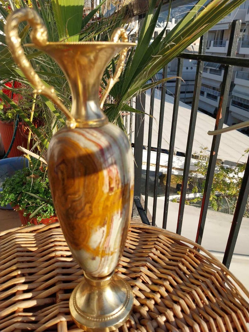 Vintage Green Big Onyx Marble Vase 10.5", 1.6 kg – Italian Mid Century Amphora Jar image 12