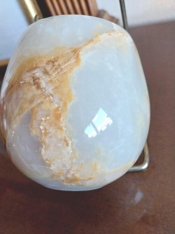 Vintage Italian Onyx/Stone Candle/Soap Holder: Carved Stone with Glass Pot, Mid 20th Century
