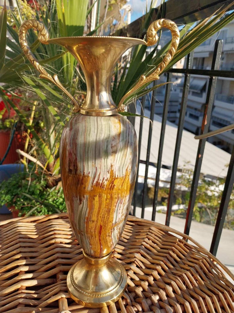 Vintage Green Big Onyx Marble Vase 10.5", 1.6 kg – Italian Mid Century Amphora Jar image 11
