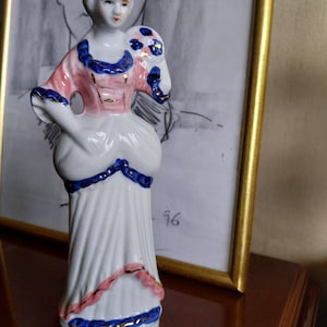 Porcelain lady figurine| Rococo Style Figurine| Pink Porcelain Doll|Vintage Baroque Style Figurine| Blue Pink Gold Accent Porcelain Figurine