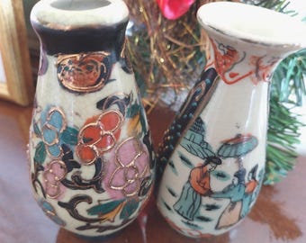 Hand-Painted Satsuma Porcelain Vases (Set of 2): Japanese Pottery with Gold Accents, Satsuma Décor Small Vases Signed, Antique Japanese vase