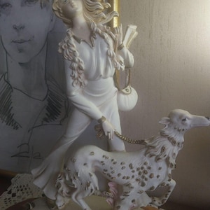 Ceramic Figurine of a Girl Holding a Dog by the Leash Ηandmade | Girl Figurine  Ivory Detailed with Gold Color | Art Deco Figurine