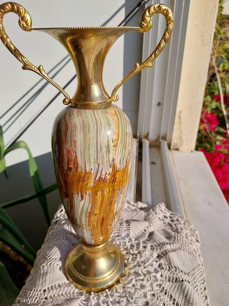 Vintage Green Big Onyx Marble Vase 10.5", 1.6 kg – Italian Mid Century Amphora Jar image 8